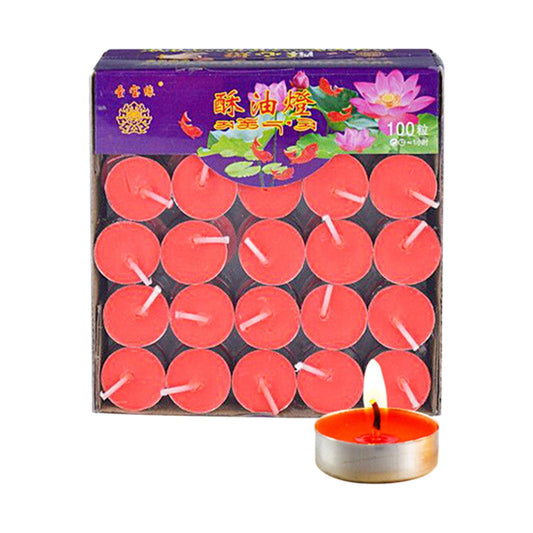 Gcljlmy 100x Smokeless Round Candles 1H Long Burning Tea Light Tibetan Buddhist Church Tealight Ghee Butter Lamp Candles for Meditation Wedding Rituals Altars (Red)