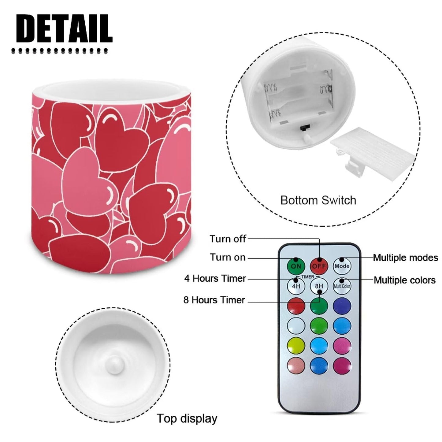 Merkmak Pack of 4 Full Heart Print Flameless Candles with Remote Battery Operated Candles with Timer Waterproof Flameless Pillar Tea Lights for Valentines Day Wedding Home Decorations