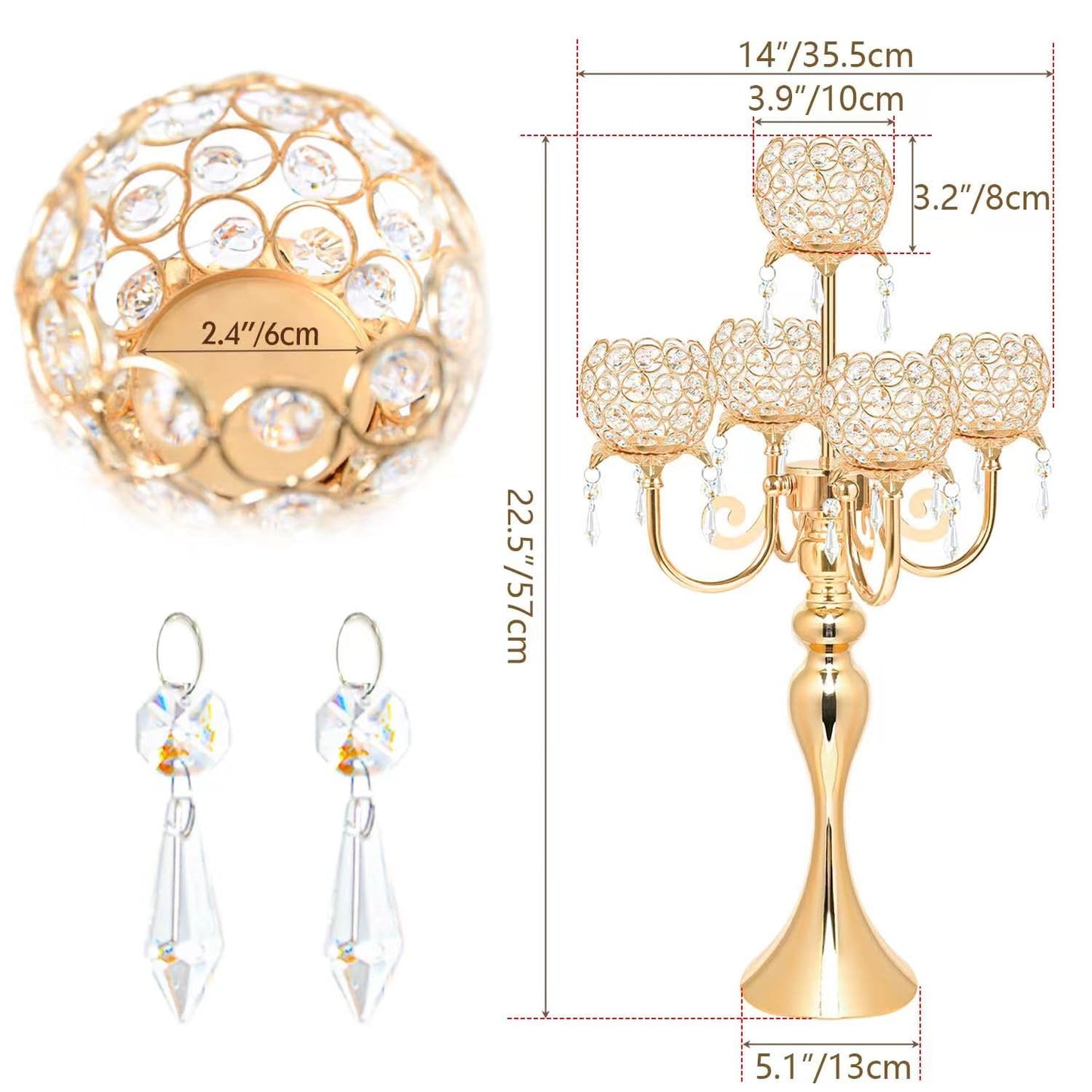 2 PCS Kehail Crystal Table Decoration Gold Candle Holder with Pendant, 5 Arm Candelabra Holder Beautiful Hollow Engraved Table Centerpiece for Christmas, Thanksgiving, Weddings, Holiday Parties