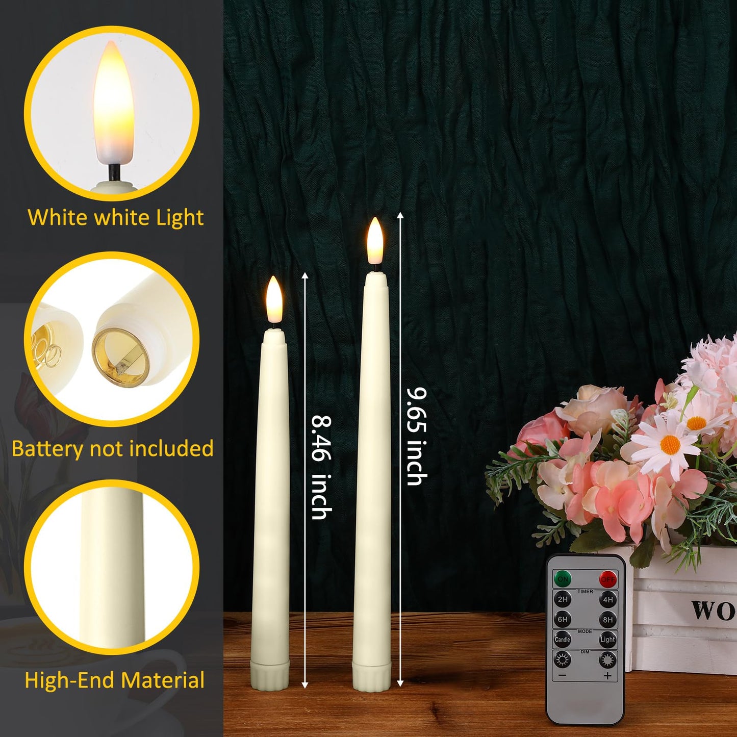 Reginary 48 Pcs Flameless Taper Candles with 4 Remote, Battery Operated Flickering Flameless Taper Candles 3D Wick Fire LED Faux Wax Lights for Wedding Christmas Holiday (Ivory,9.65 Inches)