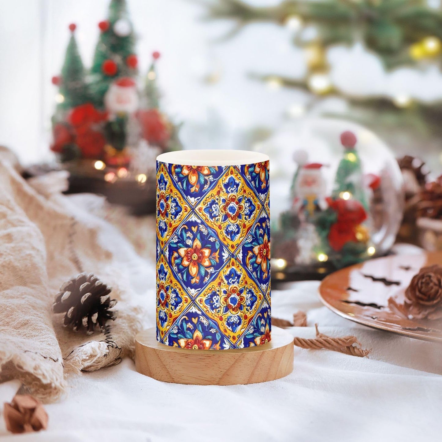Flameless Candles Battery Operated Vintage Mexican Talavera Ceramic Tiles Flickering Led Pillar Candles With Remote Control Ethnic Flowers Pottery Colour Changing Warm Light Candles For Wedding Hall
