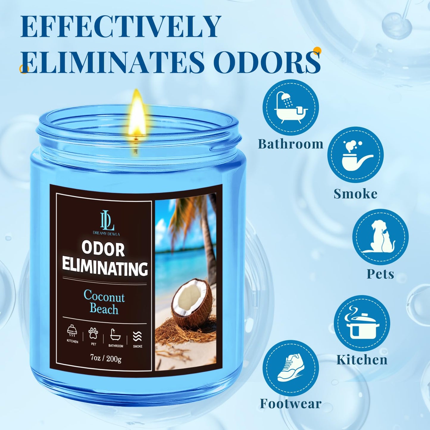 Coconut Beach Odor Eliminating Highly Fragranced Candle, Eliminates 95% of Living Room, Bedroom, Bathroom and Other Smells Quickly, Air Freshing Scented Candles, Soy Candle Gifts for Women Men, 7oz