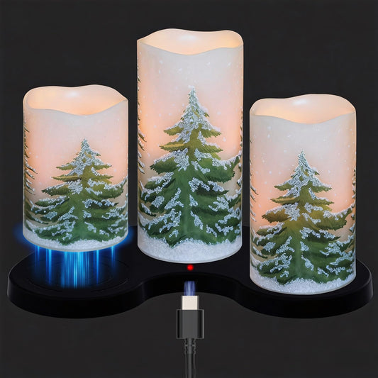 Wondise Rechargeable Christmas Tree Flameless Candles with 6H Timer, Battery Operated LED Real Wax 3D Wick Candles with Charging Base, Set of 3 Christmas Home Decoration Gifts(3 x 4 5 6 Inch)