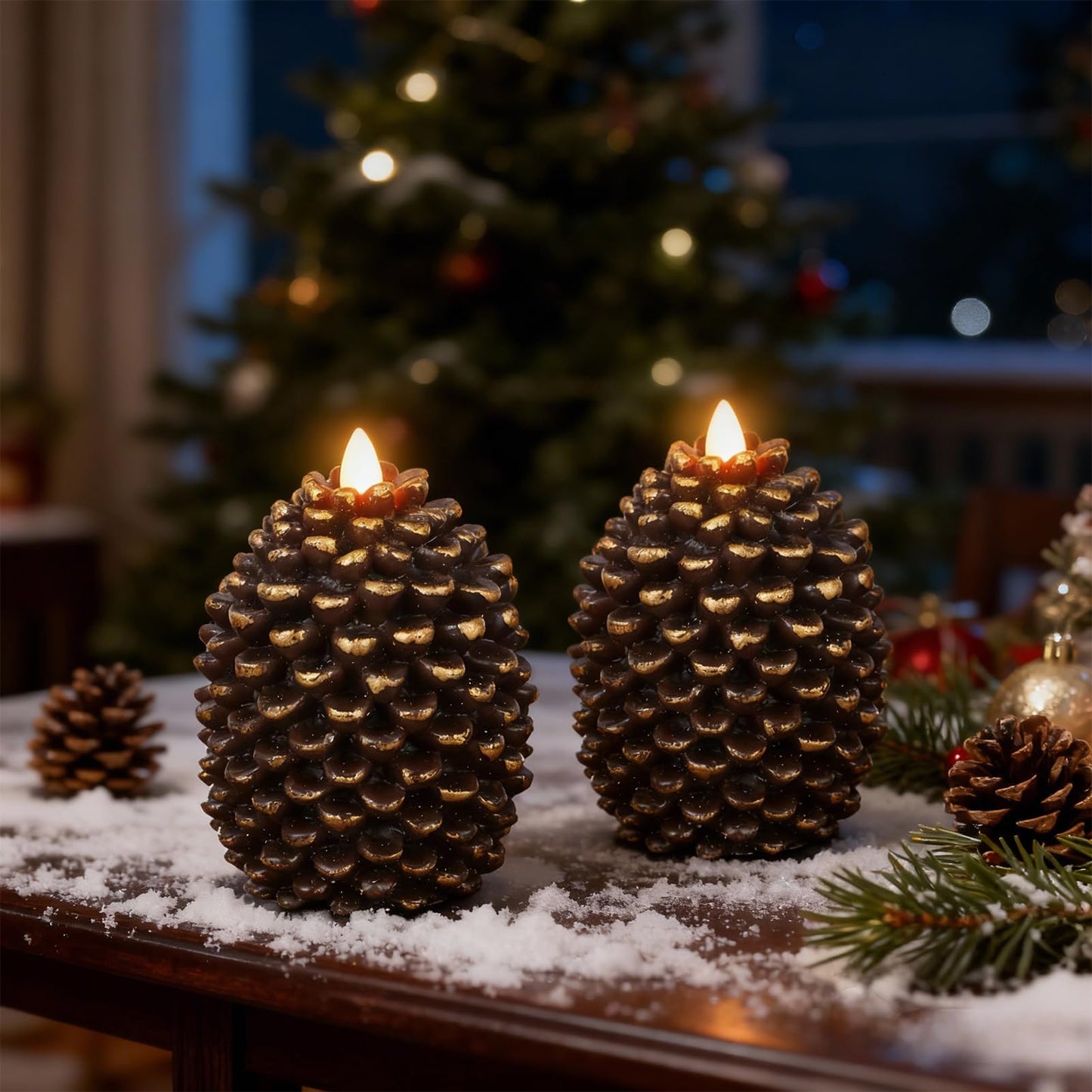 Eldnacele Christmas Flameless Candles with 6 Hour Timer, Battery Operated Hand Painted Pine Cone Real Wax 3D Wick Flickering LED Pillar Candles for Dinner Indoor Holiday Xmas Decor(2Pcs, D3×H5.7)