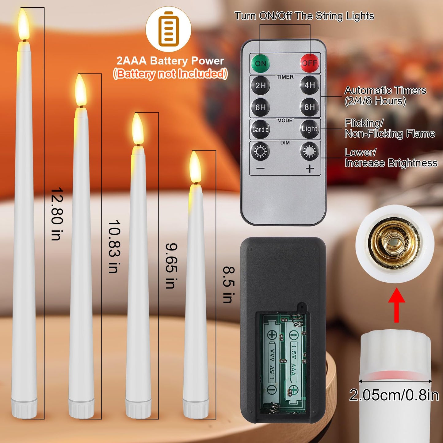 Rossesay 28 Pcs Flameless Taper Candles with Timer Remote 4 Sizes of 8.5", 9.6", 10.83", 12.8" LED Flickering Taper Candles Battery Operated for Valentine's Day Church Wedding Home Decor(White)