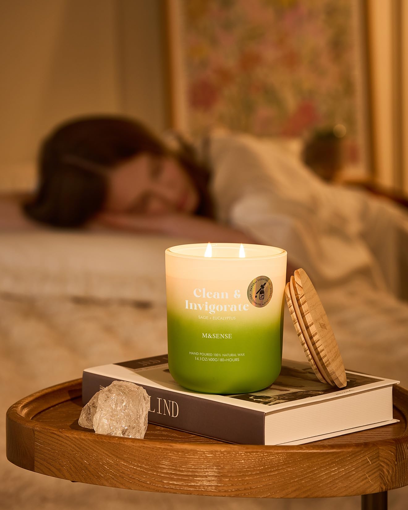 M&SENSE Sage Eucalyptus Scented Candle for Home, 14.1oz 80-Hour Non Toxic Long-Lasting Natural Soy Wax Fragrance, 2 Wick Summer Scented Aromatherapy Candle for Relaxing Stress Relief Meditation Yoga