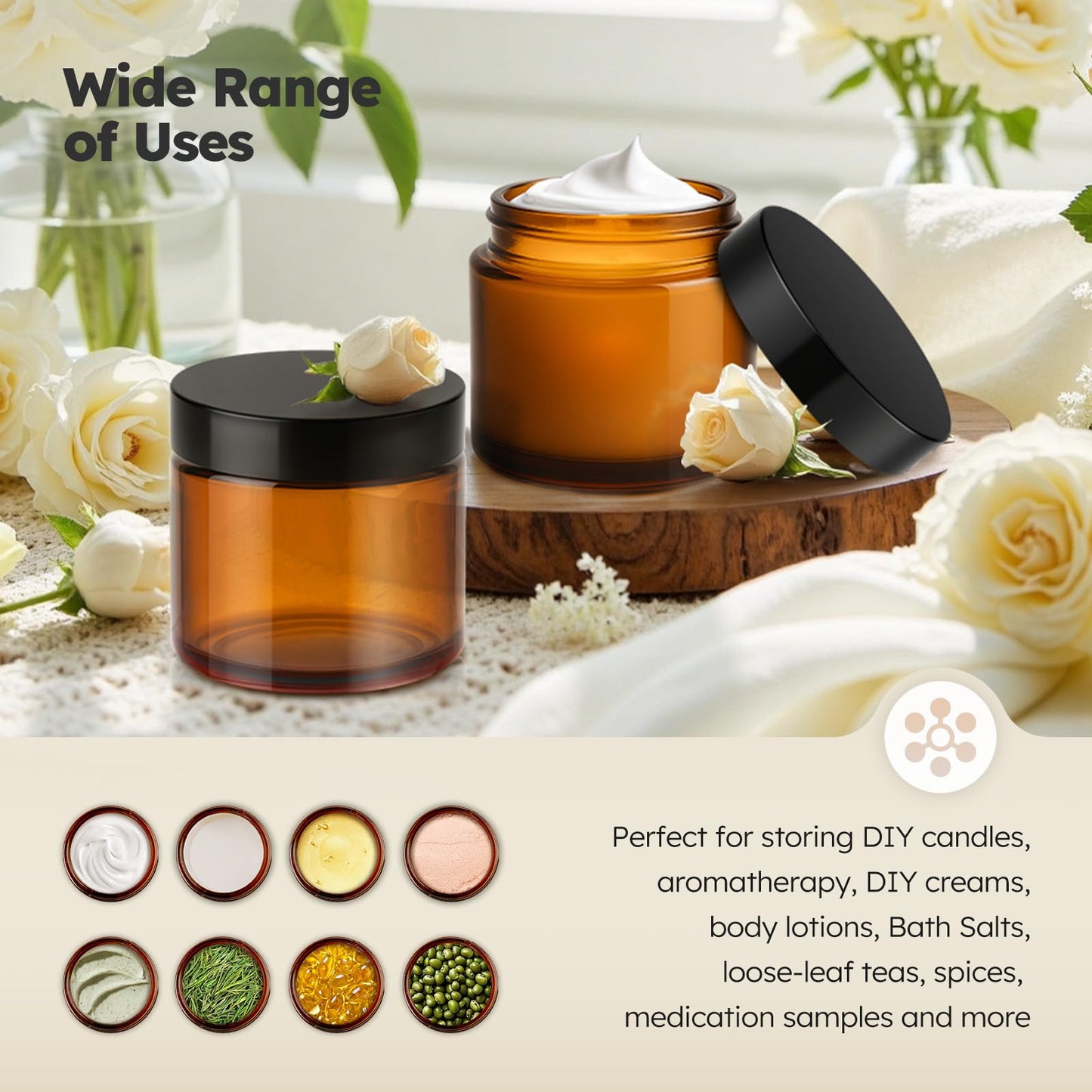4 oz Glass Jars with Metal Lids, 24 Pack Amber Small Glass Jars with Black Lids Leakproof Round Airtight Empty Cosmetic Travel Containers with Inner Liners For Lotions Powders and Candle Making