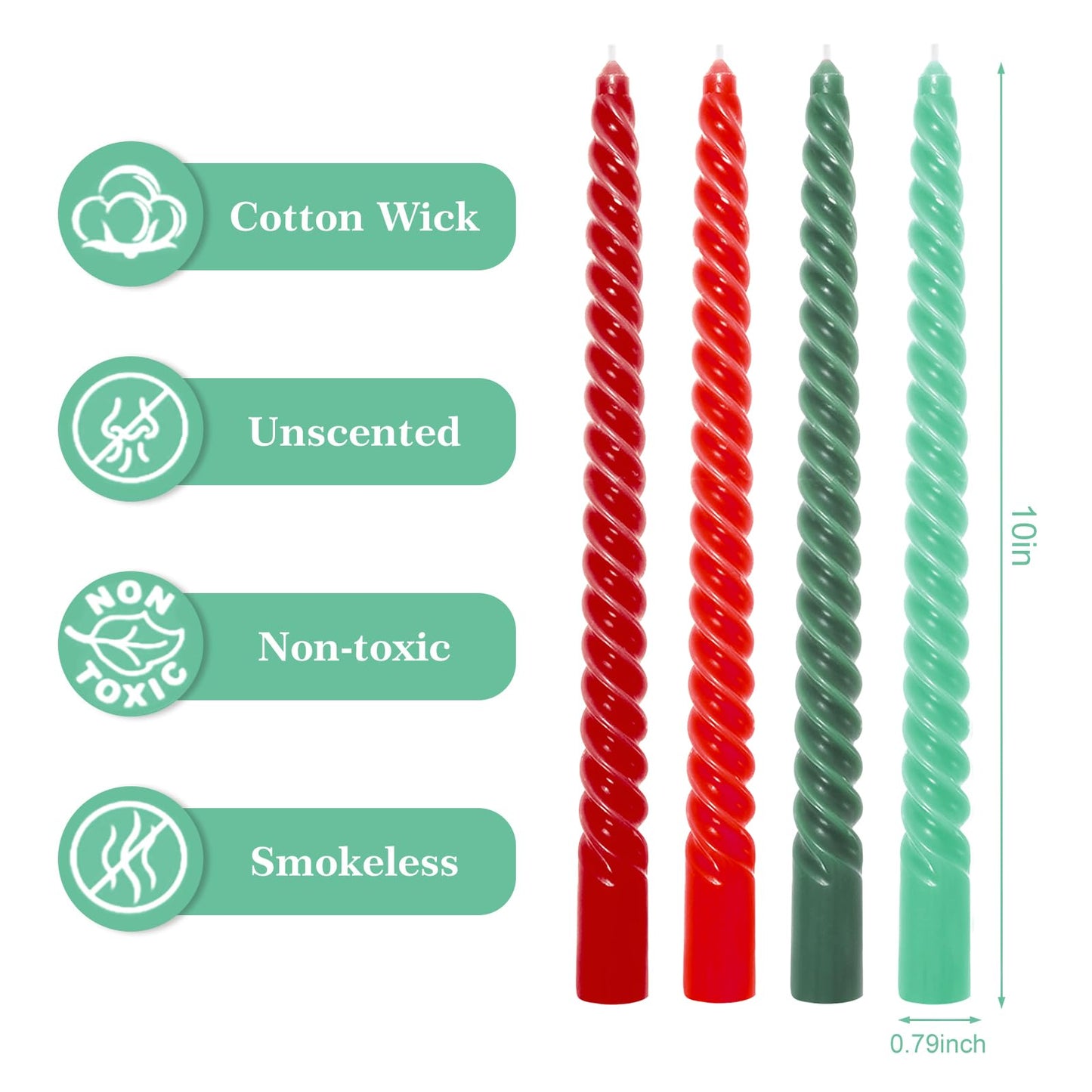 Whaline 8Pcs 10 Inch Christmas Spiral Taper Candles Red Green Dripless Twisted Wax Candles Long Unscented Candle Sticks for Xmas Home Party Supplies
