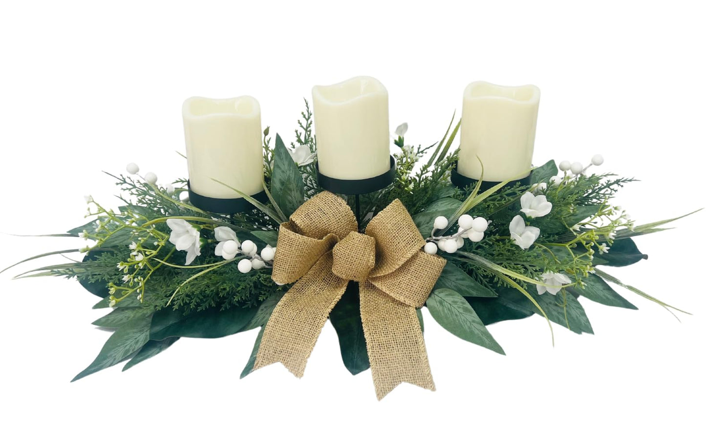 Svndlyn Candle Holders Centerpiece for Dining Table, 3 Wick Holder with Artificial Gypsophila,Magnolia,Holly Berries - Elegant Floral Arrangement for Seasonal Home Decor Table Centerpiece