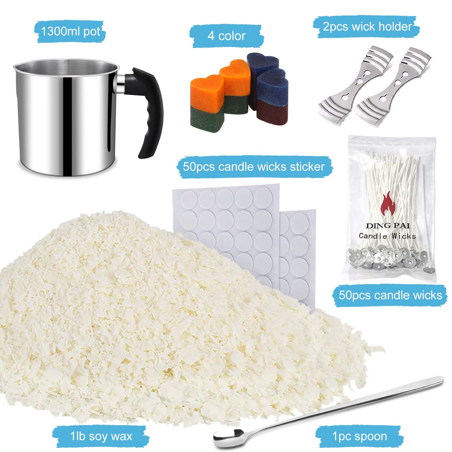 DINGPAI Candle Making Supplies, Complete Soy Candle Making Set Including Candle Make Pouring Pot, Candle Wicks, Wicks Sticker, 3-Hole Candle Wicks Holder, Natural Soy Wax and Spoon