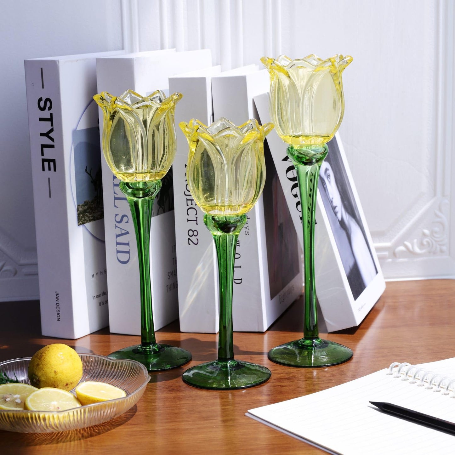 VOHO Yellow Tulips Candle Holders for Modern Home Decor, Bright Yellow Tealight Candle Holder Birthday Gifts for Women Friends, Tulip-like Tea Lights Candle Holder for Party Table Centerpiece(Set of3)