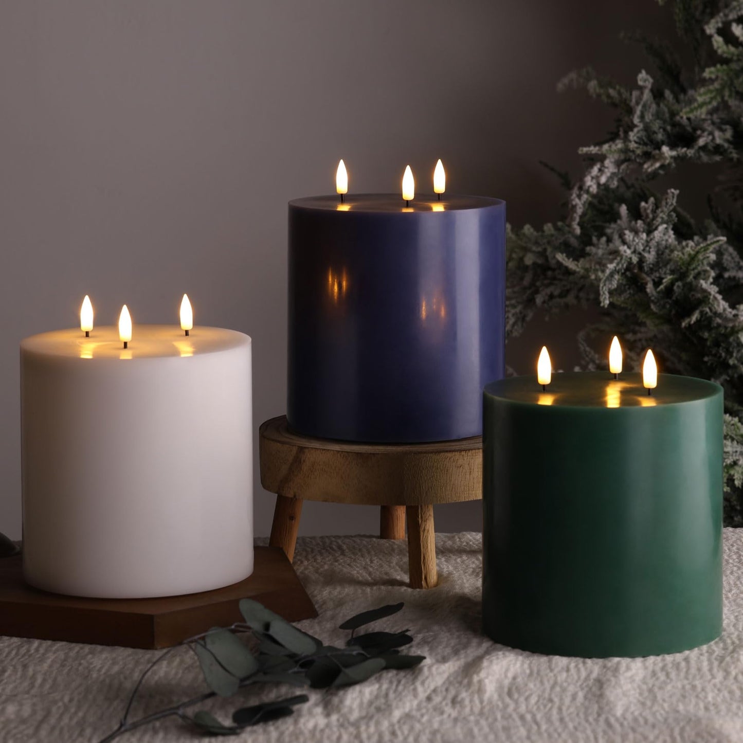 Eywamage White 3 Wick Flameless Pillar Candle Φ 6" H 6", Giant Real Wax Flickering LED Candle with Remote