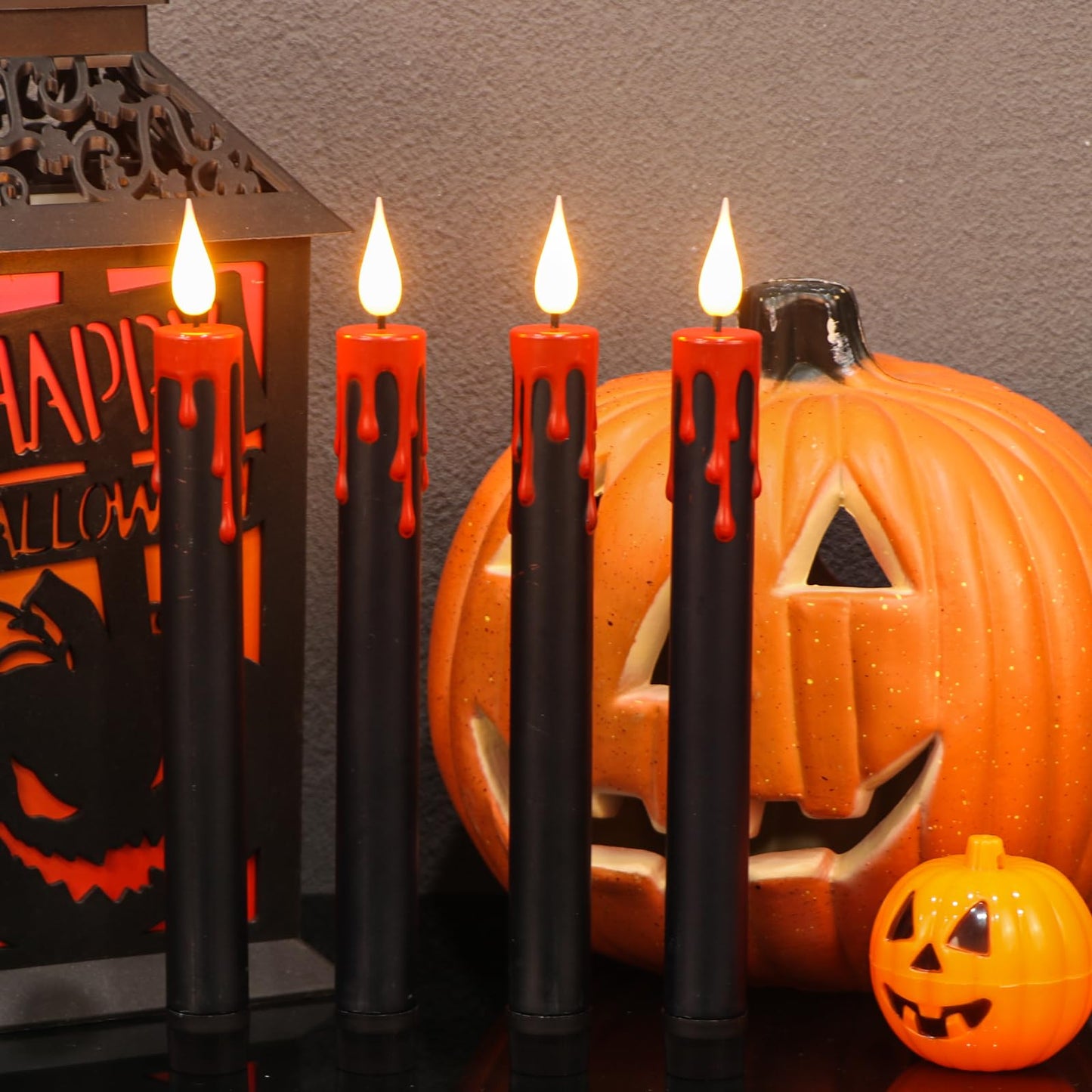 Eldnacele LED Flameless Taper Candles Battery Operated with Remote and Timer 3D Wick Flickering Blood Dripping Halloween Dinner Spooky Horror Home Decoration Set of 4 Black Candles, 0.78" x 8.9"