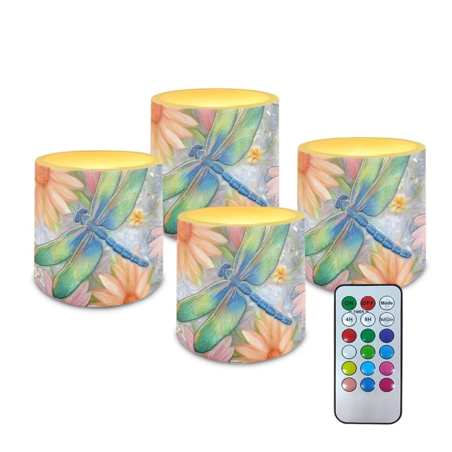 Cozeyat Floral Dragonfly Bedroom Decor LED Candles Set of 4 Battery Powered Flameless with Remote Timer Dancing Flame Waterproof for Home Patio Garden Table