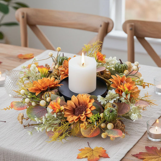 MOYEE Autumn Candle Holder Centerpieces for Tables,Candle Ring, Black Metal Candlestick with an Artificial Wreath 14 in Versatile Dining Table Centrepiece (Caramel Sunflower Wreath)