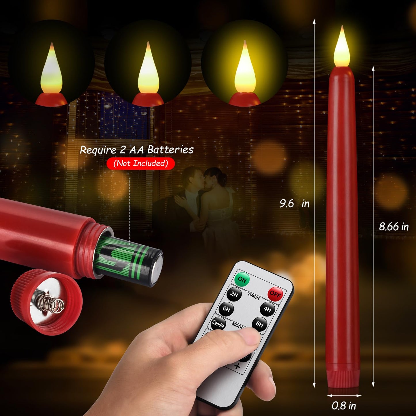 Flameless Taper Candles with Remote Control and Timer, Battery Operated LED Candlesticks with Flickering 3D Flame, 9.6×0.8 Inches Plastic Tall Candles for Christmas, Wedding and Home Decor (Red, 15)