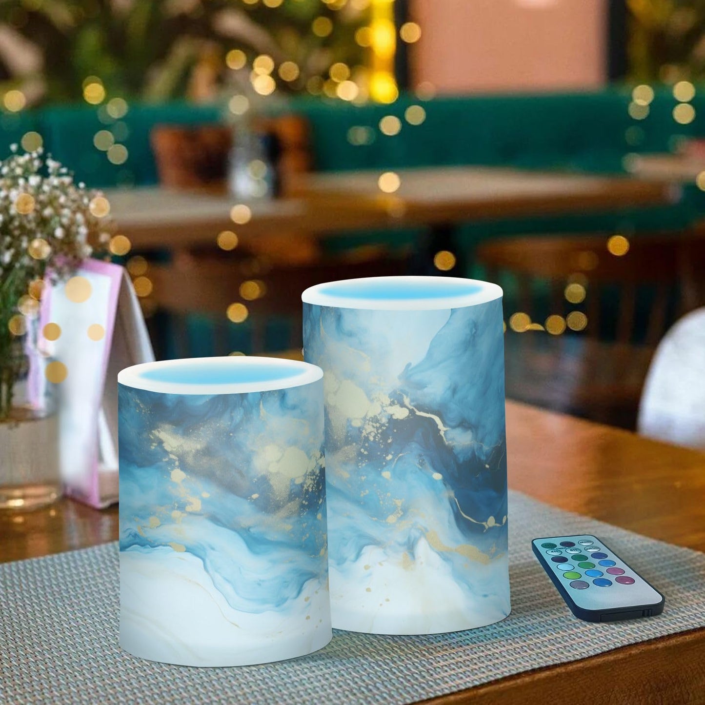 BOENLE Flickering Flameless Candles, Marble Navy Blue LED Candles with Remote Timer, Set of 2 Battery Operated Candle for Valentine Wedding Birthday