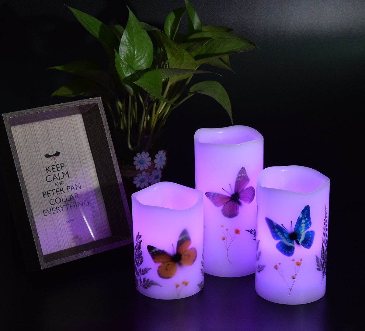 UNIVELA Candles Set of 3 Flameless 4" 5" 6" Unscented Tealight Butterfly Flower Plants Decor Real Wax Pillar Candle LED Lights 12 Color Changing 4H 8H Timer Remote Control AAA Batteries Operated
