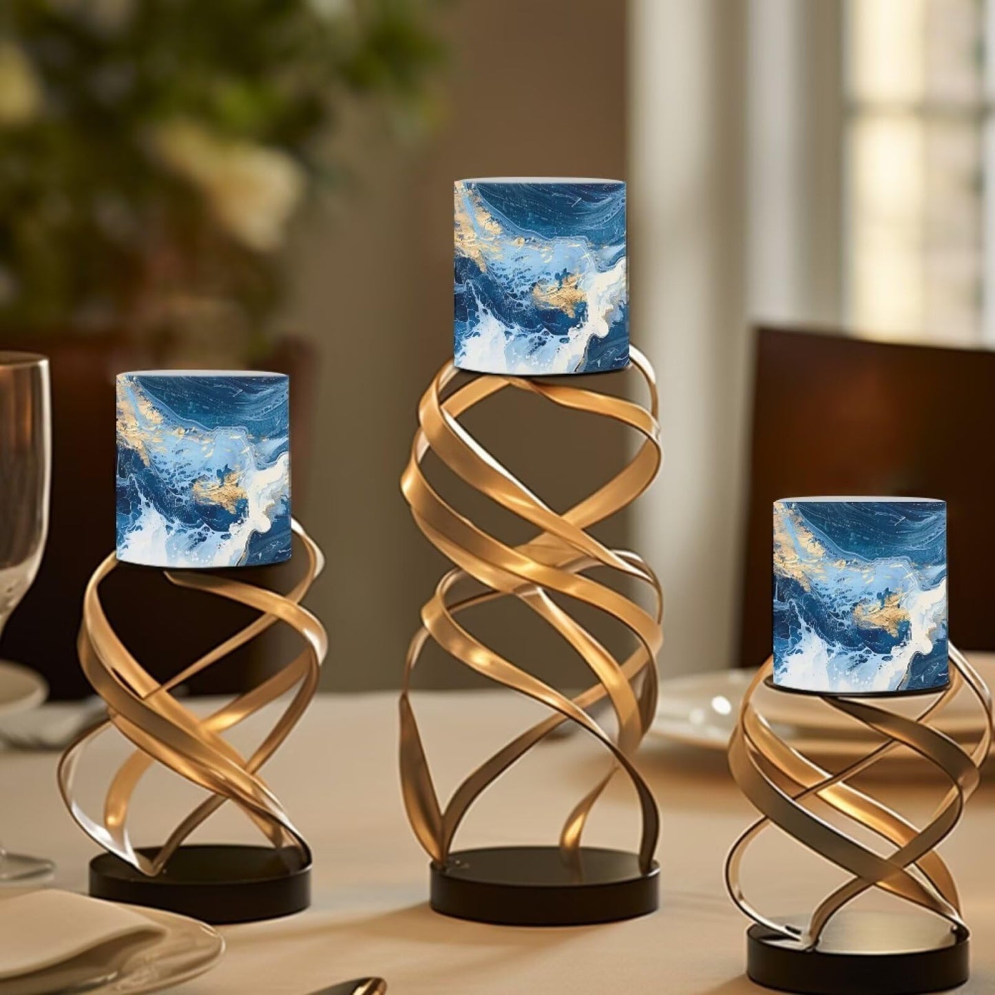 Merkmak Blue Marble Flameless Candles with Remote and Timer Candles Battery Operated LED Pillar Tea Lights for Home Decoration