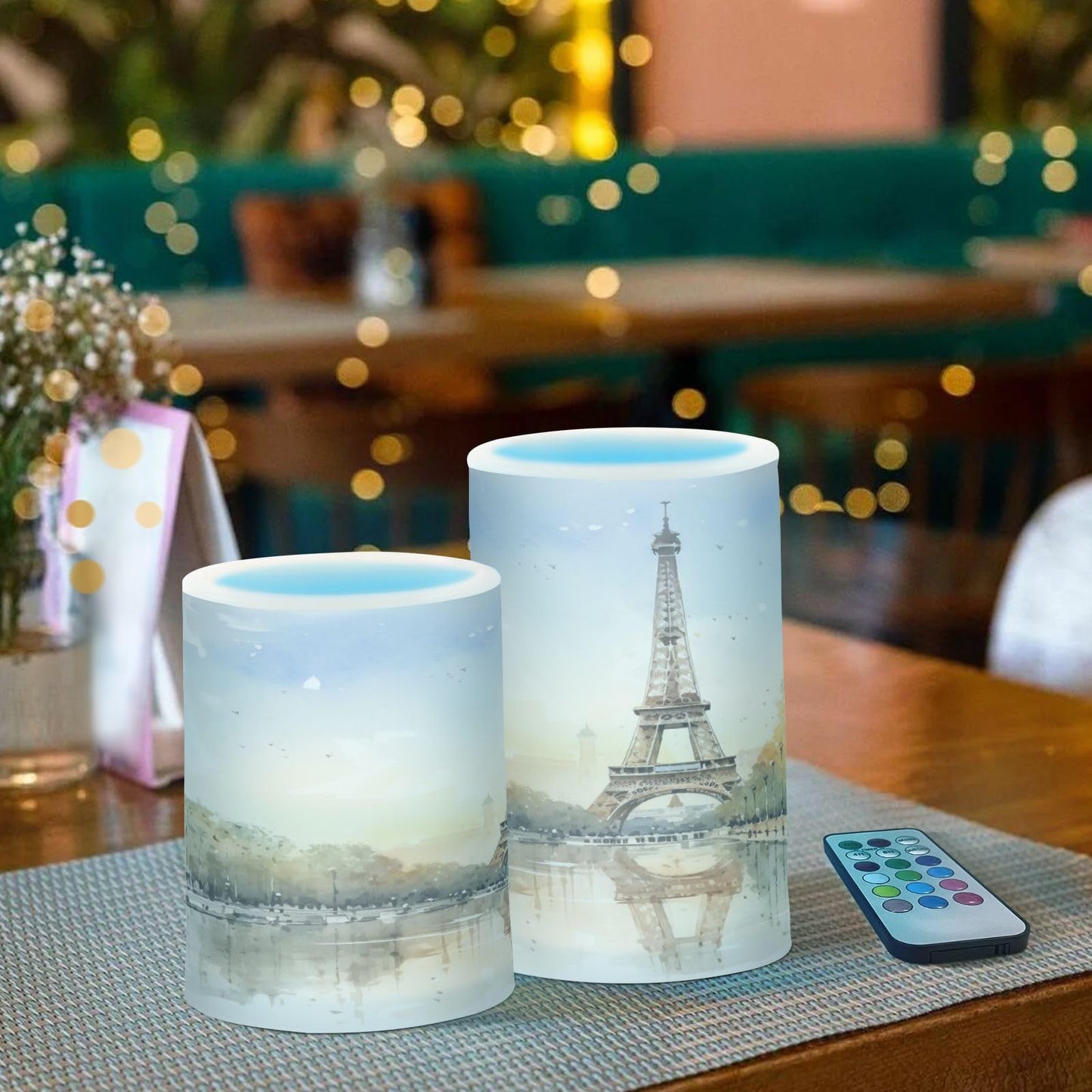 BOENLE Flickering Flameless Candles, Eiffel Tower Lake LED Candles with Remote Timer, Set of 2 Battery Operated Candle for Valentine Wedding Birthday