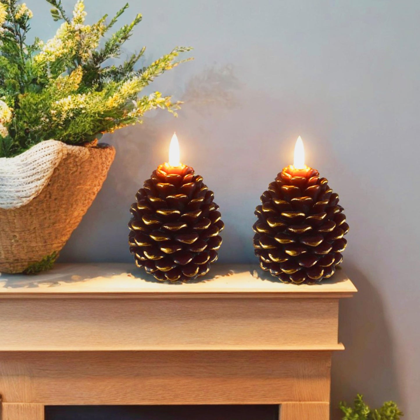 Pansyling 2pcs Flameless Pinecone Candles with Remote, Battery Operated Pine Cone Candles Real Wax Winter Decor, Flickering LED Christmas Decoration, D3.5 x H5 Inch, Brown & Gold Trim