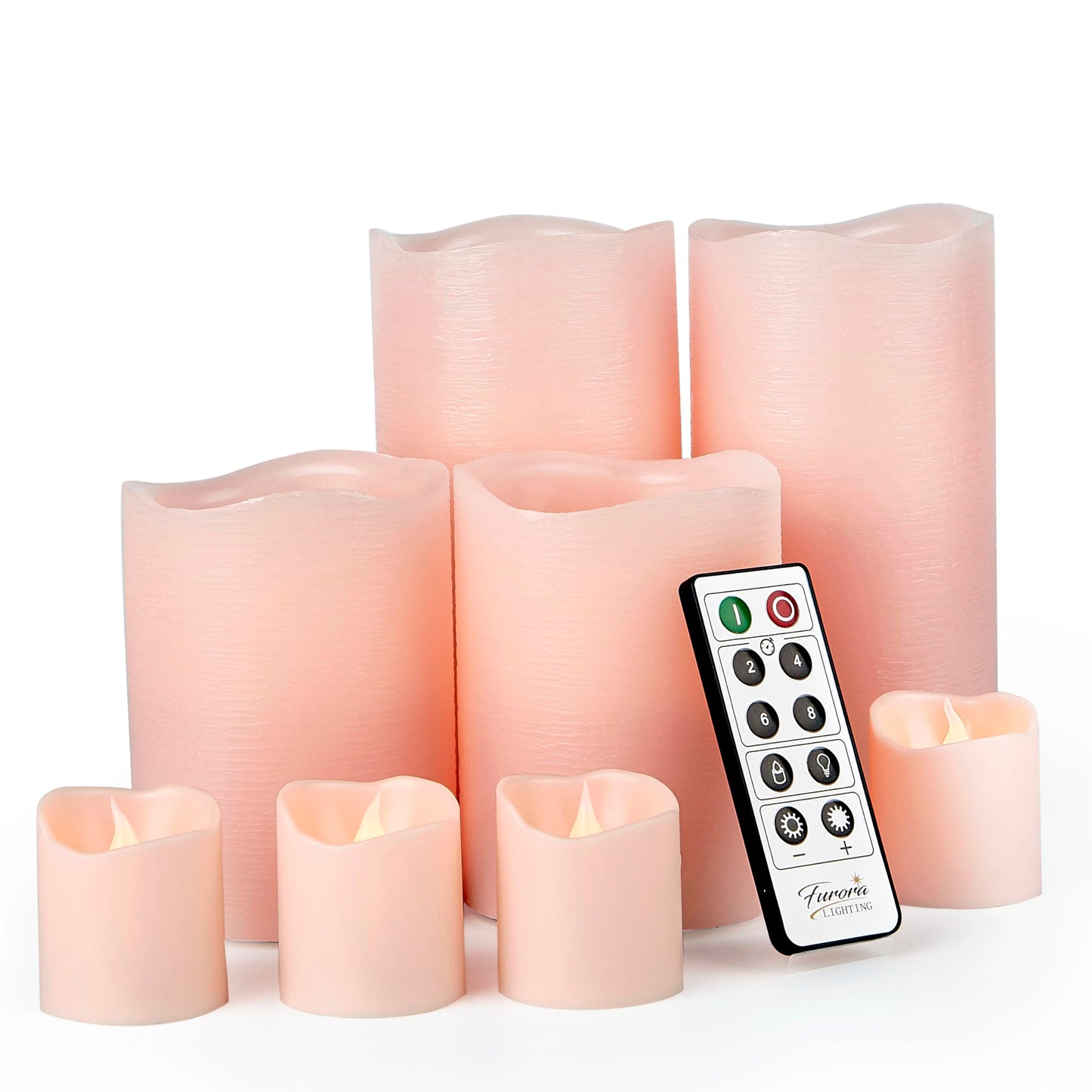 FURORA LIGHTING Pink Flameless Candles - Real Wax, Adjustable Brightness, Remote & Timer - 4 Pillars (3x4, 3x6) and 4 Votives, 8-Pack, Battery Operated