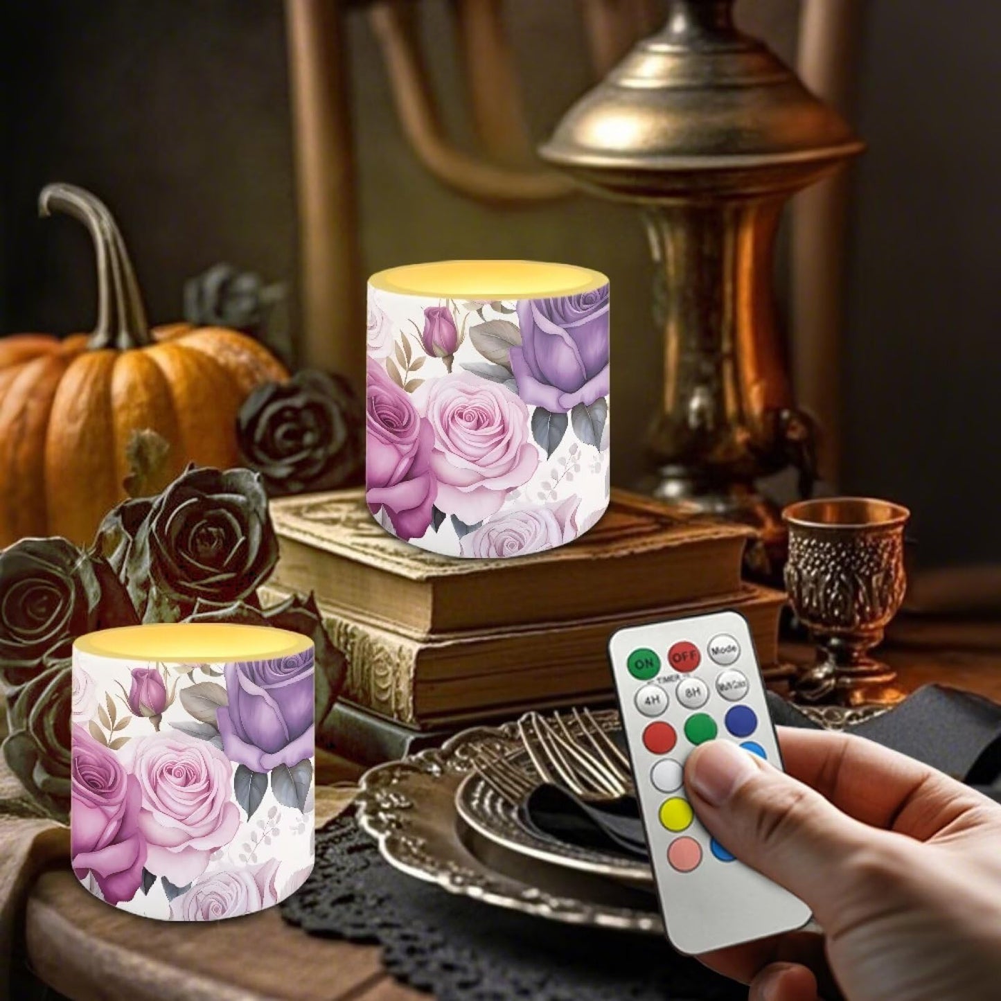 NETILGEN 4 Pieces Flameless LED Pillar Candles with Battery Operated Color Changing Flameless Candles with Timer Remote Purple Rose Flower Wedding Party Decor