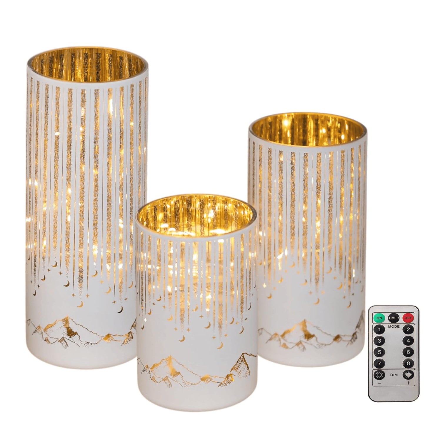 Ashroder Starry Night Hurricane Candleholders with Warm LED Lights & Remote Timer, Elegant Twinkling Decorative Centerpieces for Wedding, Dining Table, Living Room, Mantel Décor, Set of 3 (White)