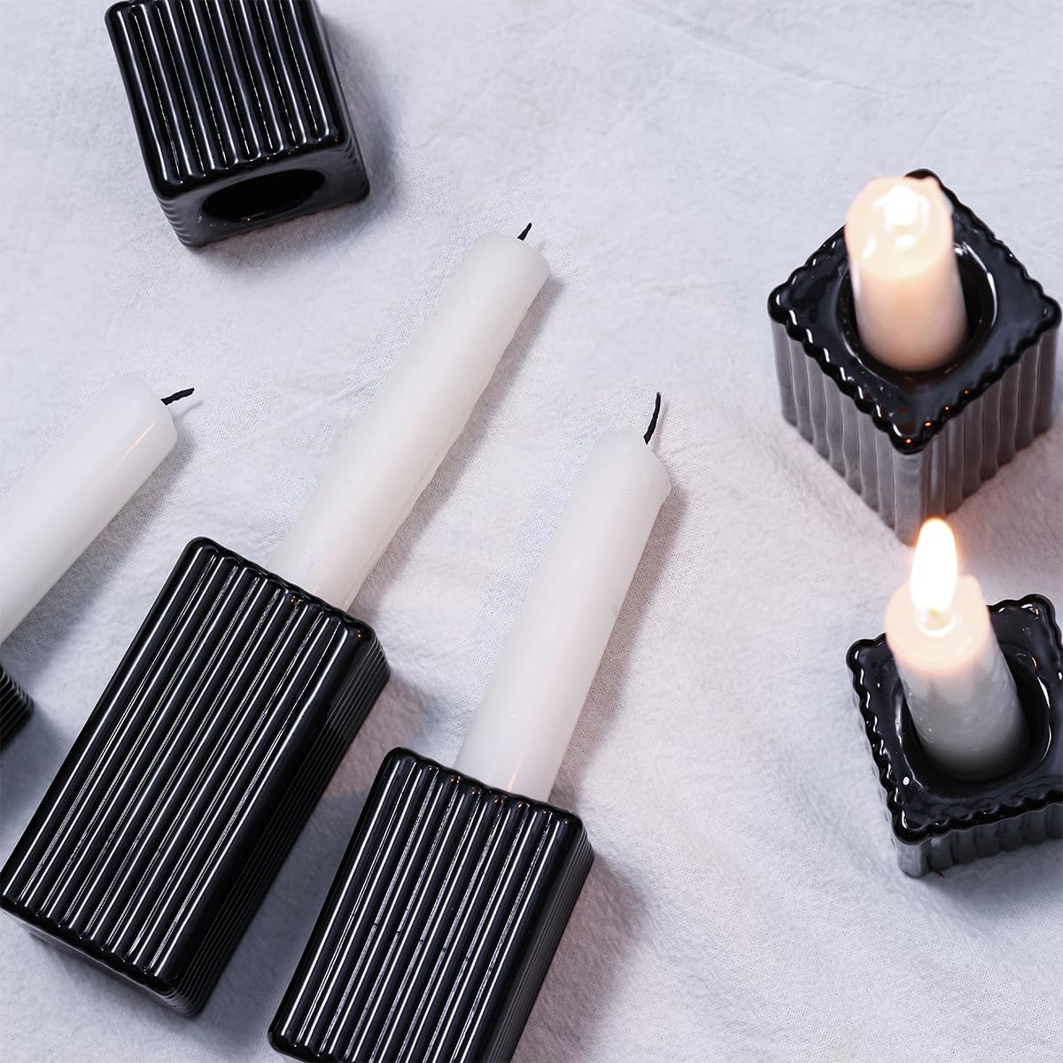 LETINE 12pcs Black Vertical Stripe Glass Candlestick Holders - Chic Taper Candle Sticks Holder Set for Elegant Dining & Home Decor - Ideal Candle Holders for Wall,Living Room,Bedroom, Kitchen Decor