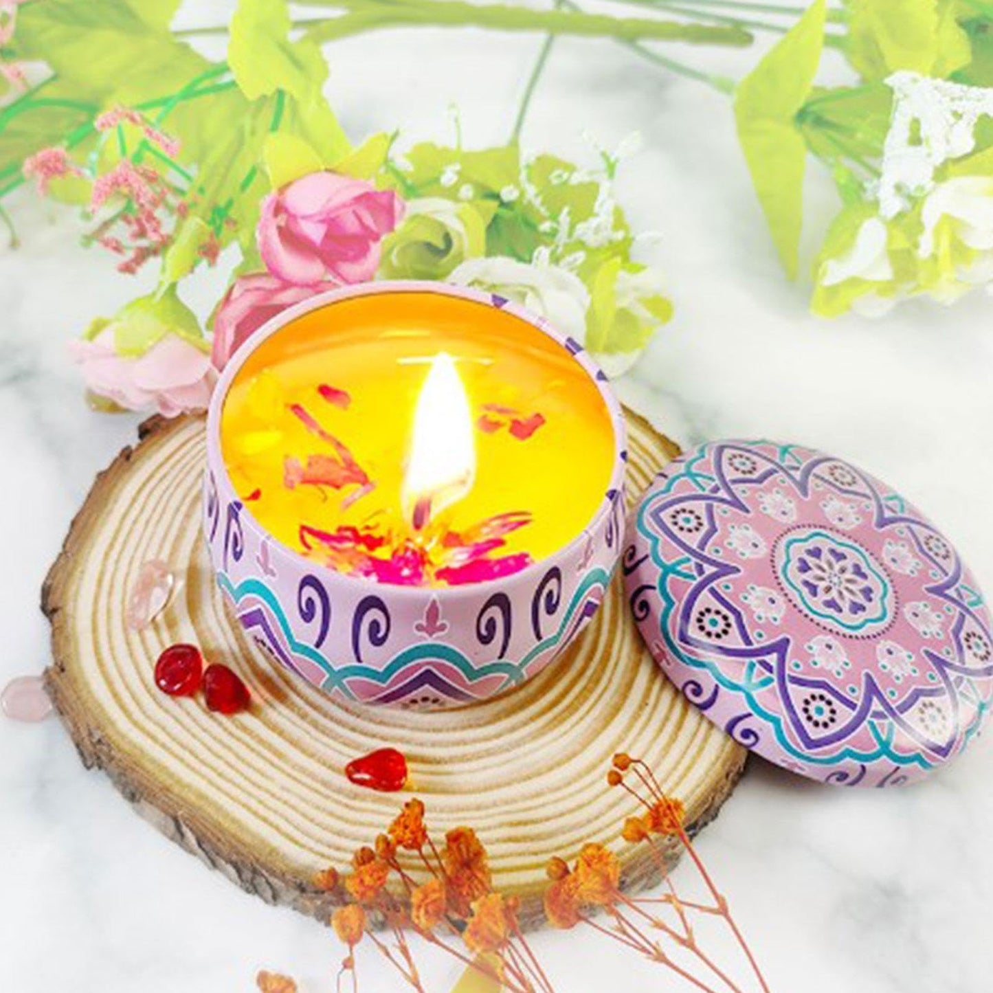 Long Lasting Scented Candles | 80g Soy Candles Aromatherapy Fragrances - Scented Dried Flowers, Gift for Women, Soy Tea Lights, Decorative Candle Jars
