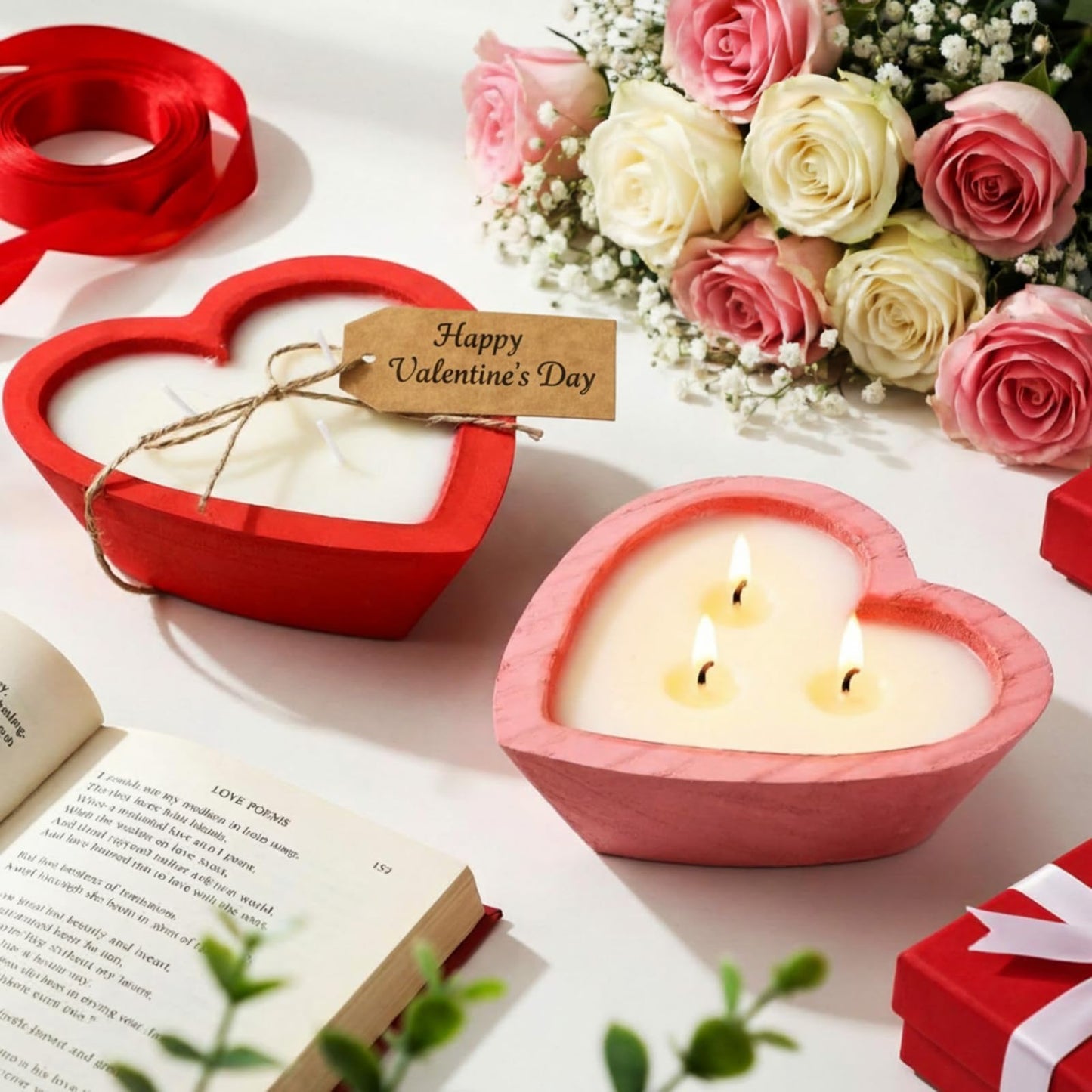 Lounsweer 2 Pcs Valentine's Day Wooden Candle Bowl Heart Dough Bowl 6 Inch 3 Wick Soy Blend Wax Candle 5 oz Decorative Dough Bowls Candles for Valentine Table Centerpiece Birthday Gift