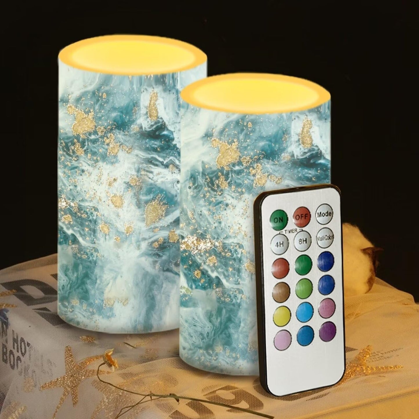 NETILGEN Flameless Candles LED Battery Operated Candles with Realistic Set of 2 with 18 Key Remote Control Timer Dancing Flame Pillar Candles for Home Farmhouse Decor, Blue Gold Marble