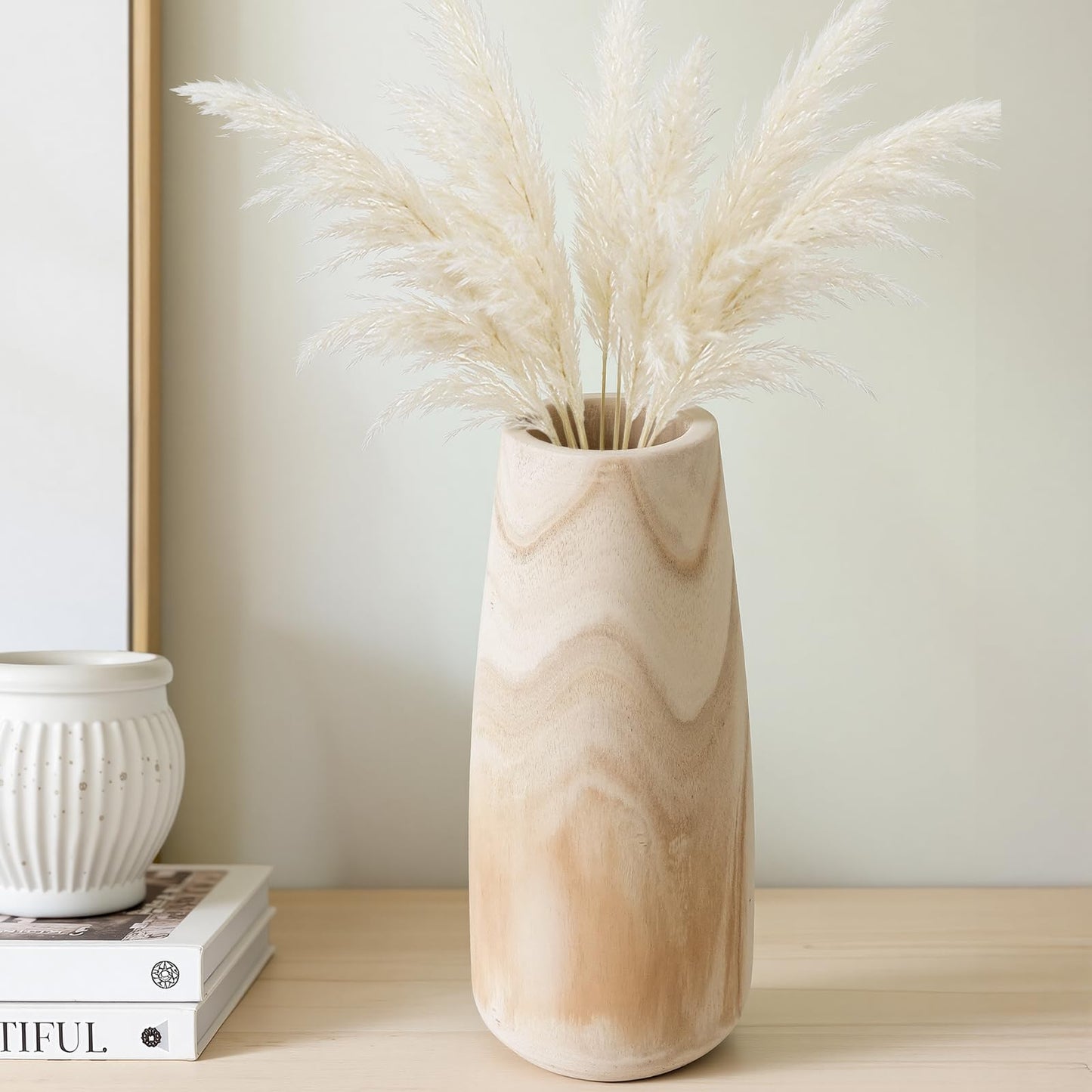 Natural Wood Vase for Dried Flowers - 12 Inch Decorative Wooden Vase, Warm Neutral Farmhouse Boho Decor for Living Room Bedroom Table Shelf