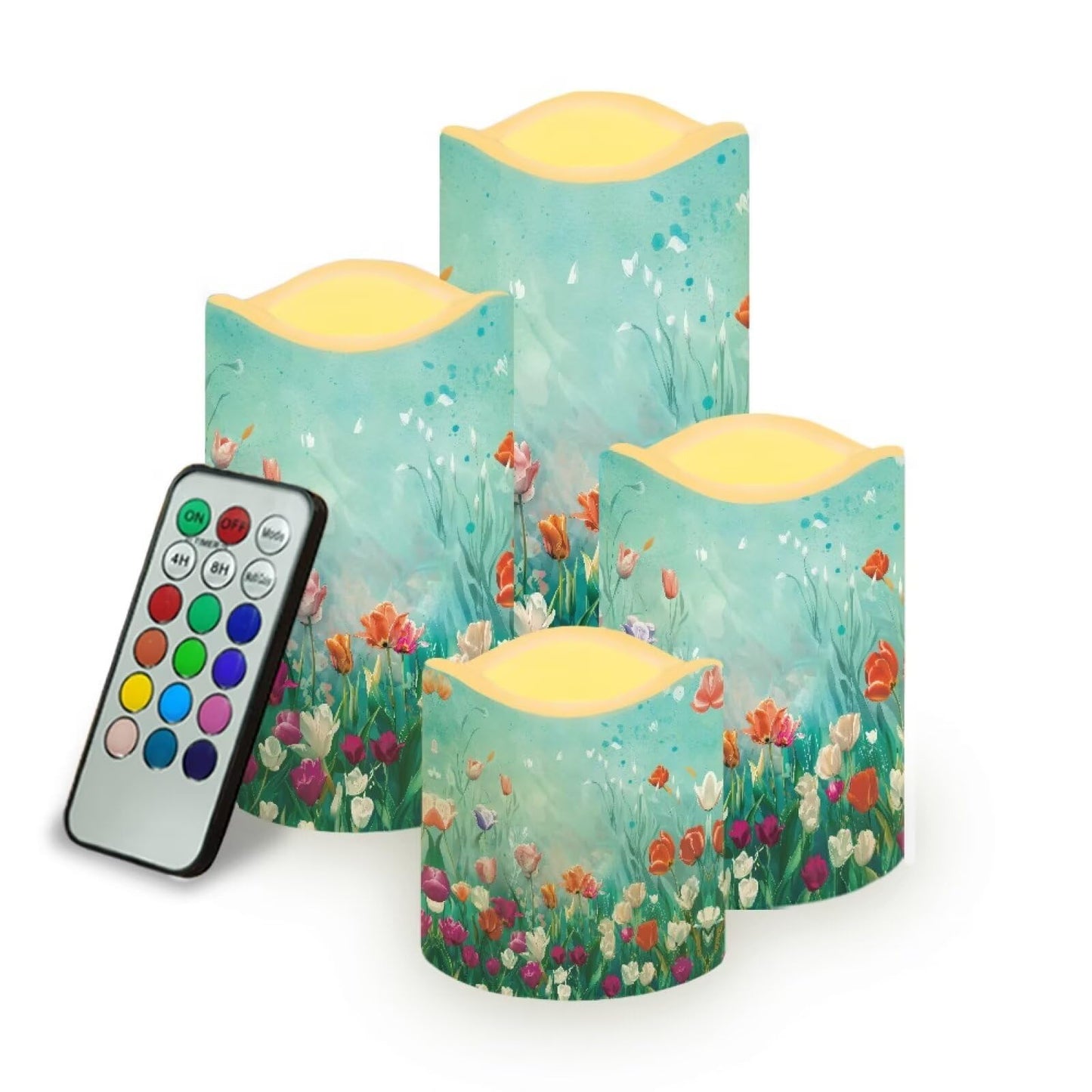Ystardream 4PCS Flameless Candle Elegant Floral Led Flameless Candles with Remote Fake Candles that Look Real for Home Living Room Bathroom Bedroom Decor Plum Blossoms and Hummingbirds