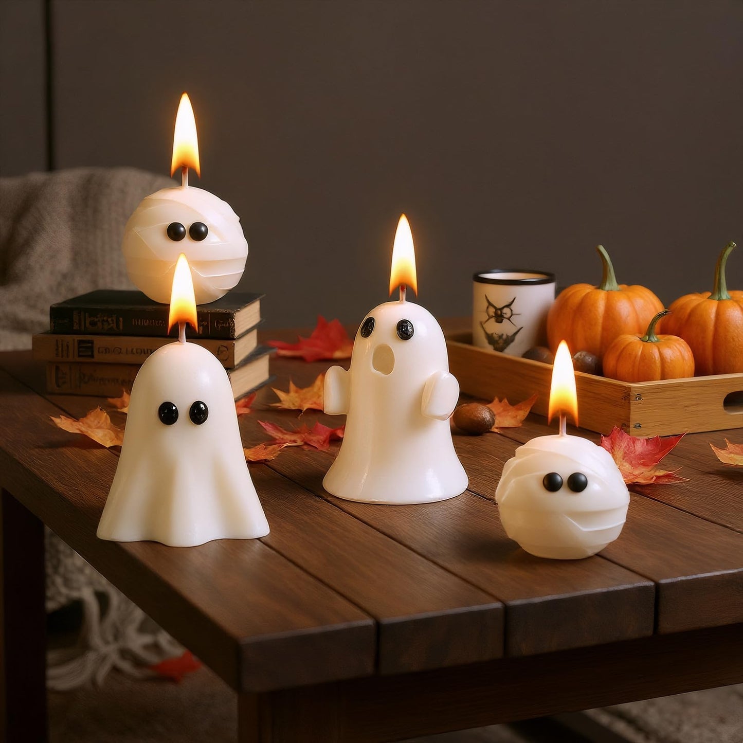 Minatee 4 Pieces Halloween Ghost Candles Large Scented Spooky Cute Mummy Candles Gifts for Halloween Party Boo Basket Stuffers Home Table Decor, 2 Style