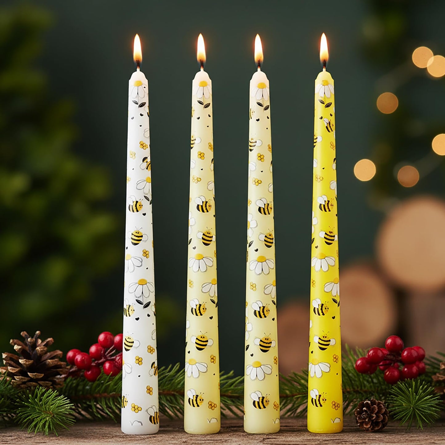 W&LESVAGO 10 Inch Yellow Bee Print Taper Candles, 4 Pack Dripless Long Candlesticks, Unscented Tapered Dinner Candles for World Bee Day, Wedding, Party, Home Table Decor(BY1)