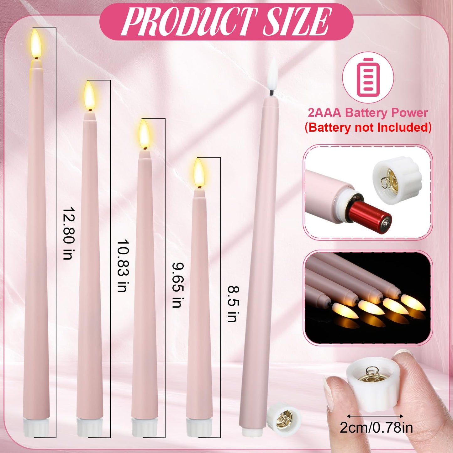 Rossesay 24 Pcs Flameless LED Taper Candles Battery Operated Candle 8.5", 9.65", 10.8", 12.8" Flameless Candlesticks Flickering for Christmas Church Wedding Indoor Decoration(Classic, Dusty Pink)