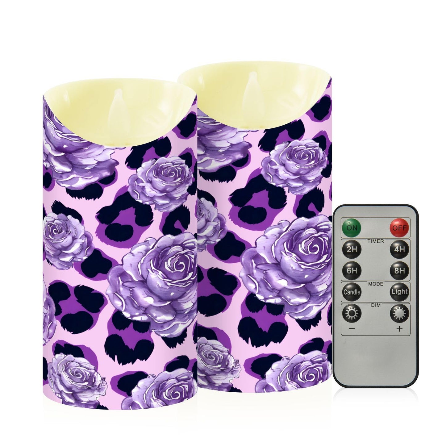 ALAZA Purple Leopard Print Rose Pattern Flickering Flameless Candles Battery Operated with Remote Timer,Tea Light Candles LED Pillar Votive Set of 2 for Outdoor Indoor Decorations 3" x3.9"