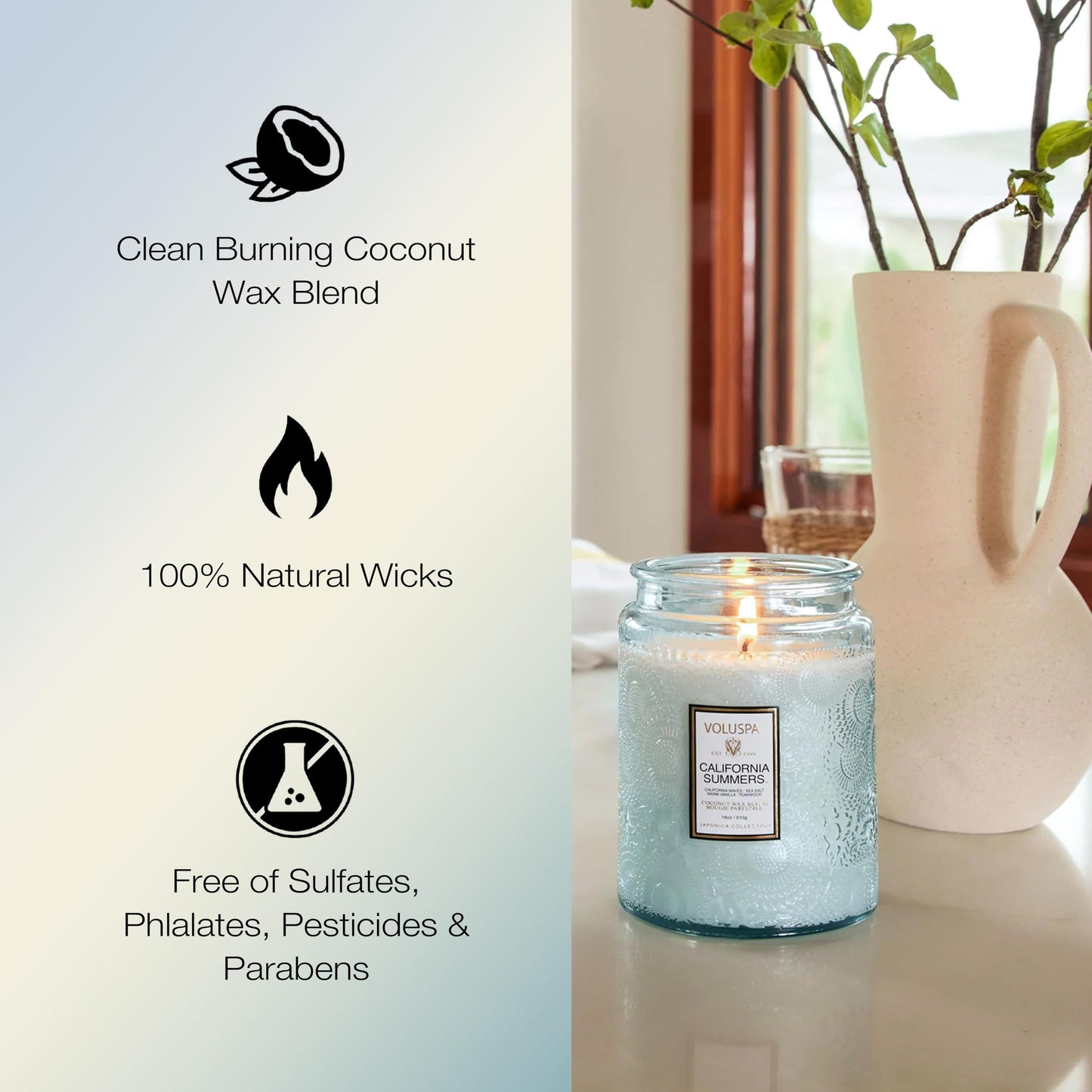 Voluspa California Summers Candle Jar, 18 oz, Coconut Wax Blend, Large Scented Candles for Home, 100 Hour Burn Time, Poured in the USA