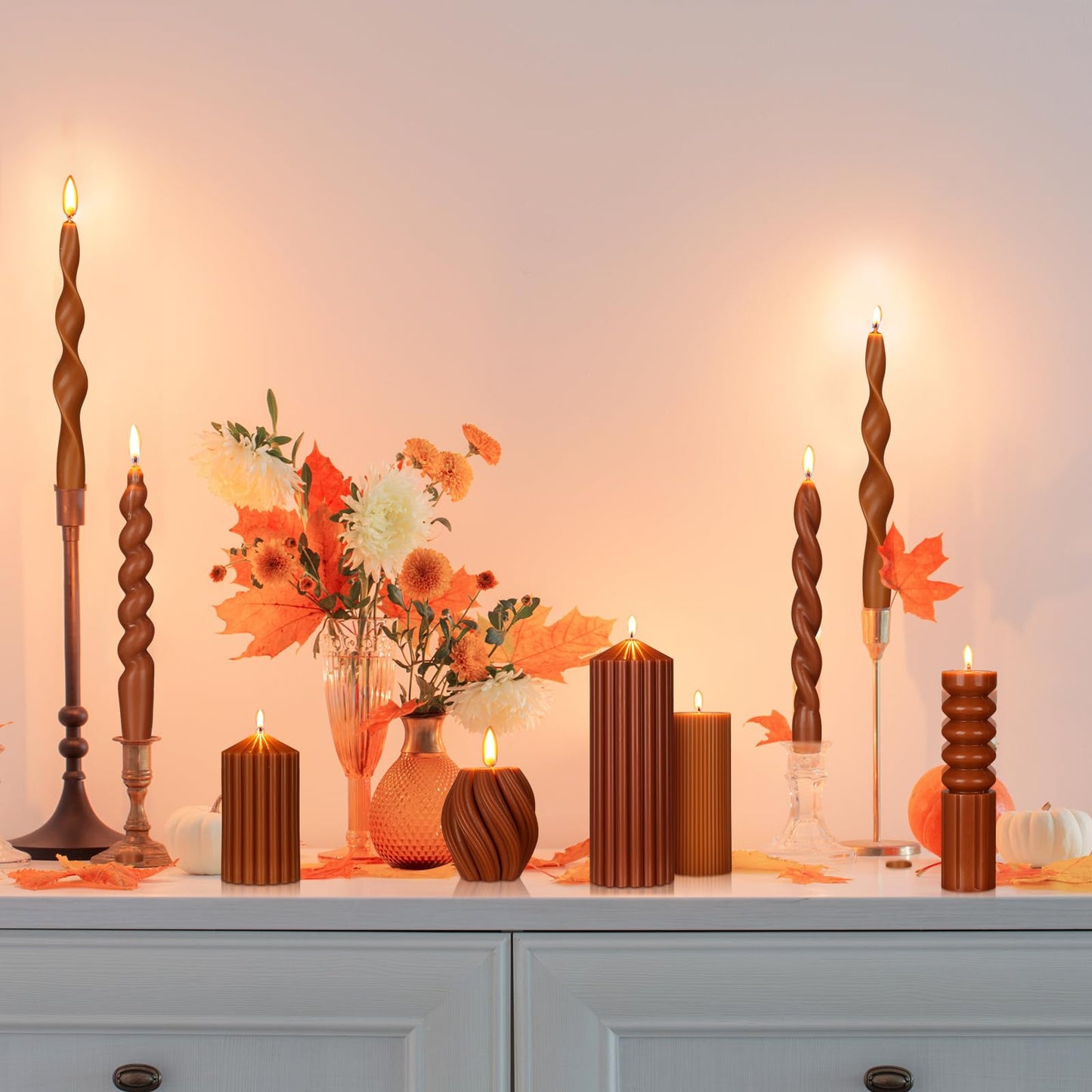 Nuanchu 9 Pcs Modern Decorative Candles Set 5 Pillar Aesthetic Ribbed Candles 4 Spiral Taper Twisted Candlesticks Scented Smokeless Soy Wax for Wedding Holiday Dinner Home Decorations(Brown)