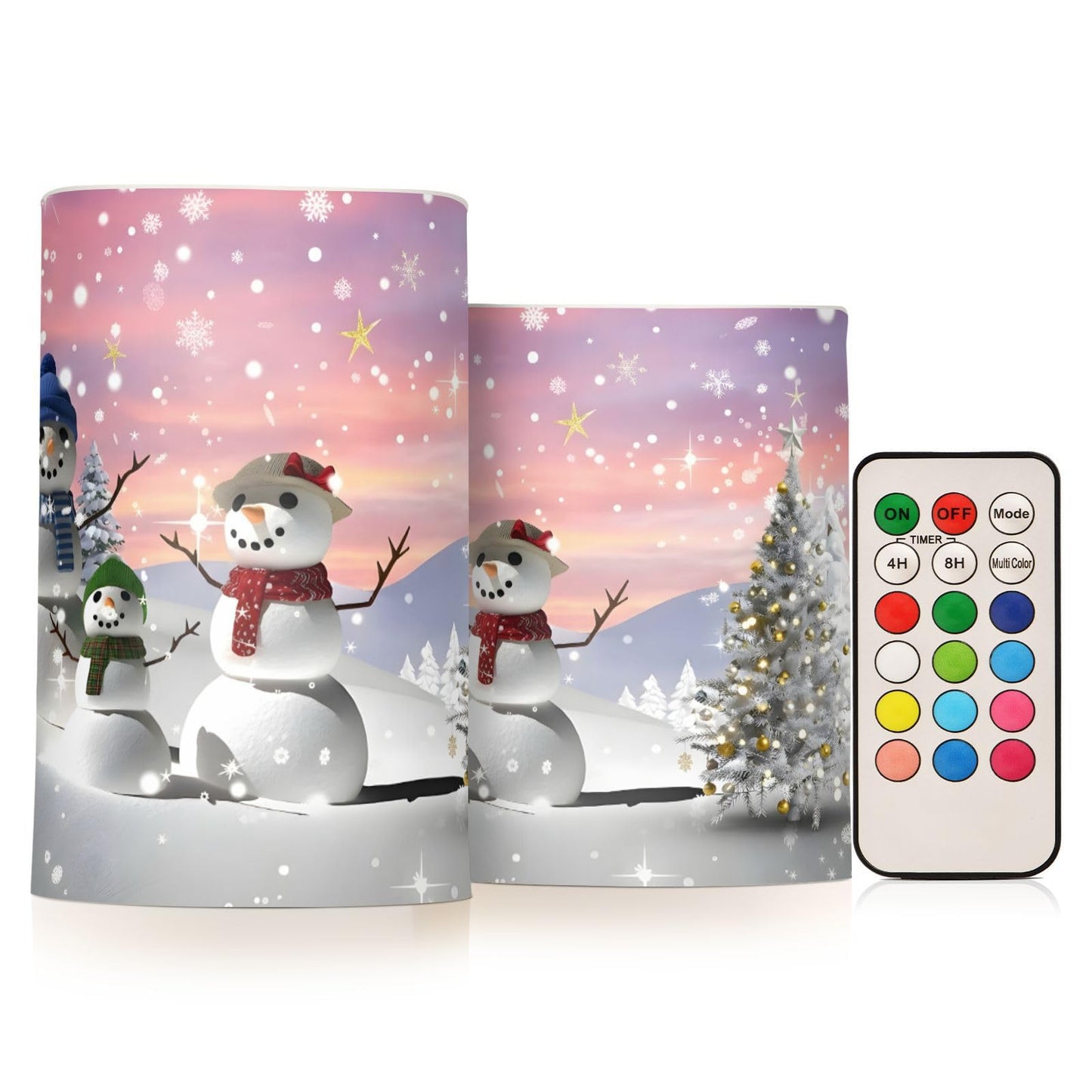 ALAZA Christmas Tree and Snowman Winter Snowflakes Flickering Flameless Candles Battery Operated with Remote Timer,Tea Light Candles LED Pillar Votive Candles Set of 2 for Outdoor Indoor Decorations