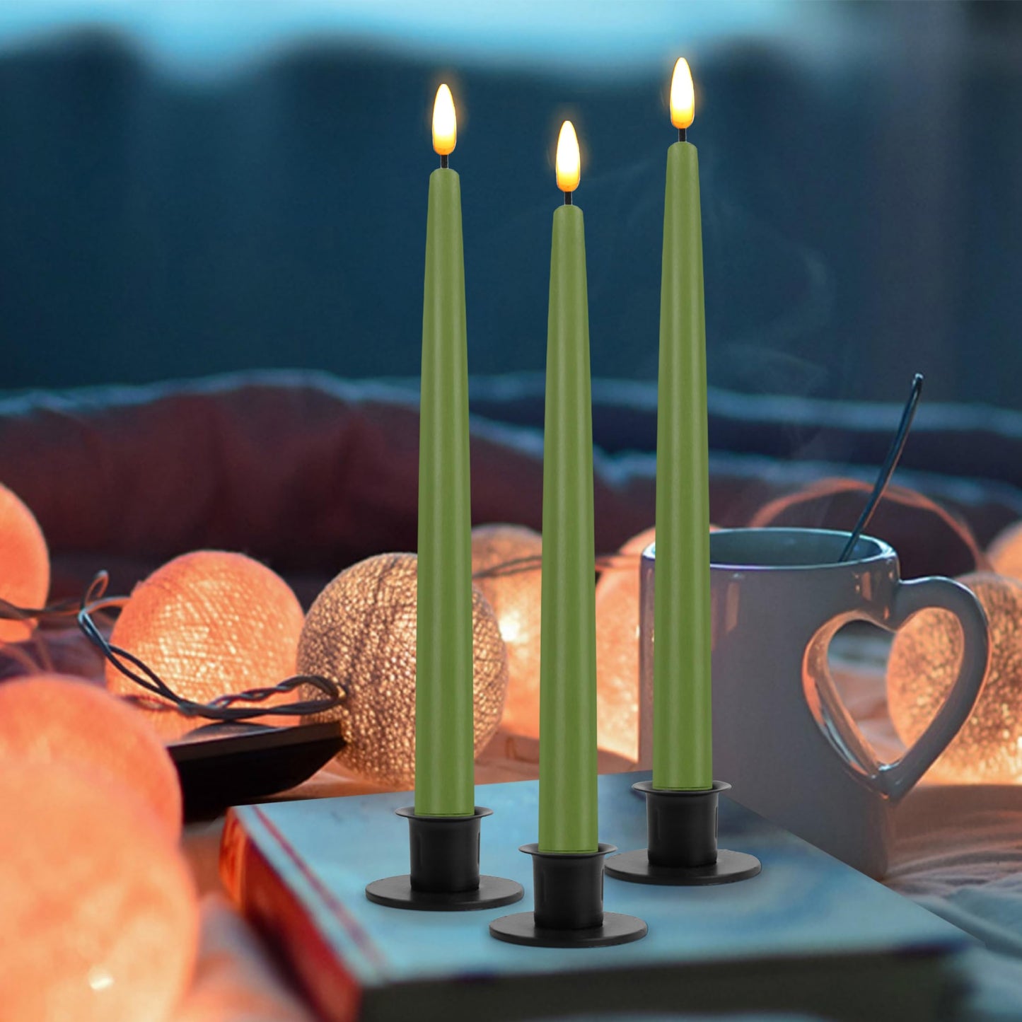 CVHOMEDECO. Flameless Taper Candles with 10-Key Remote, Battery Operated Led Flickering 3D Wick Window Candles Real Wax Finished Home Christmas Party Decor 0.78 x 11 Inch, Pack of 3, Sage Green