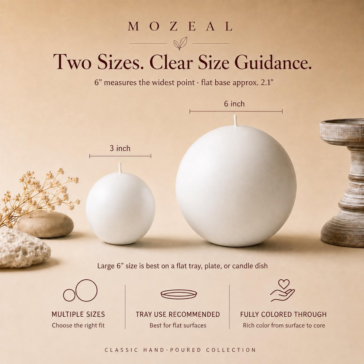 MOZEAL Hand-Poured, 3 Inch White Round Ball Candles - Elegant White Round Pillar Candles Set of 3, Dripless, Unscented, Smokeless, Ideal for All Occasions.