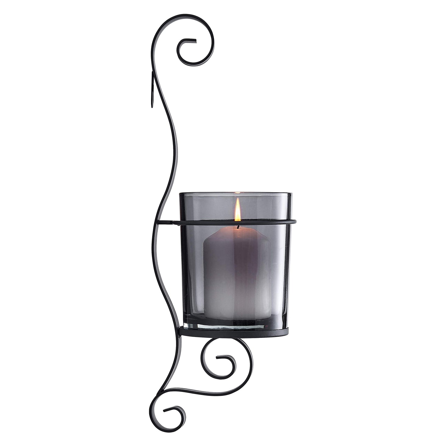 Danya B. 14.5" Vintage Black Wall Sconce Candle Holder Set of 2 with Smoke Glass Hurricanes and Iron Metal Frames, Rustic Style, for Standard Pillar or Flame-Less LED Candles