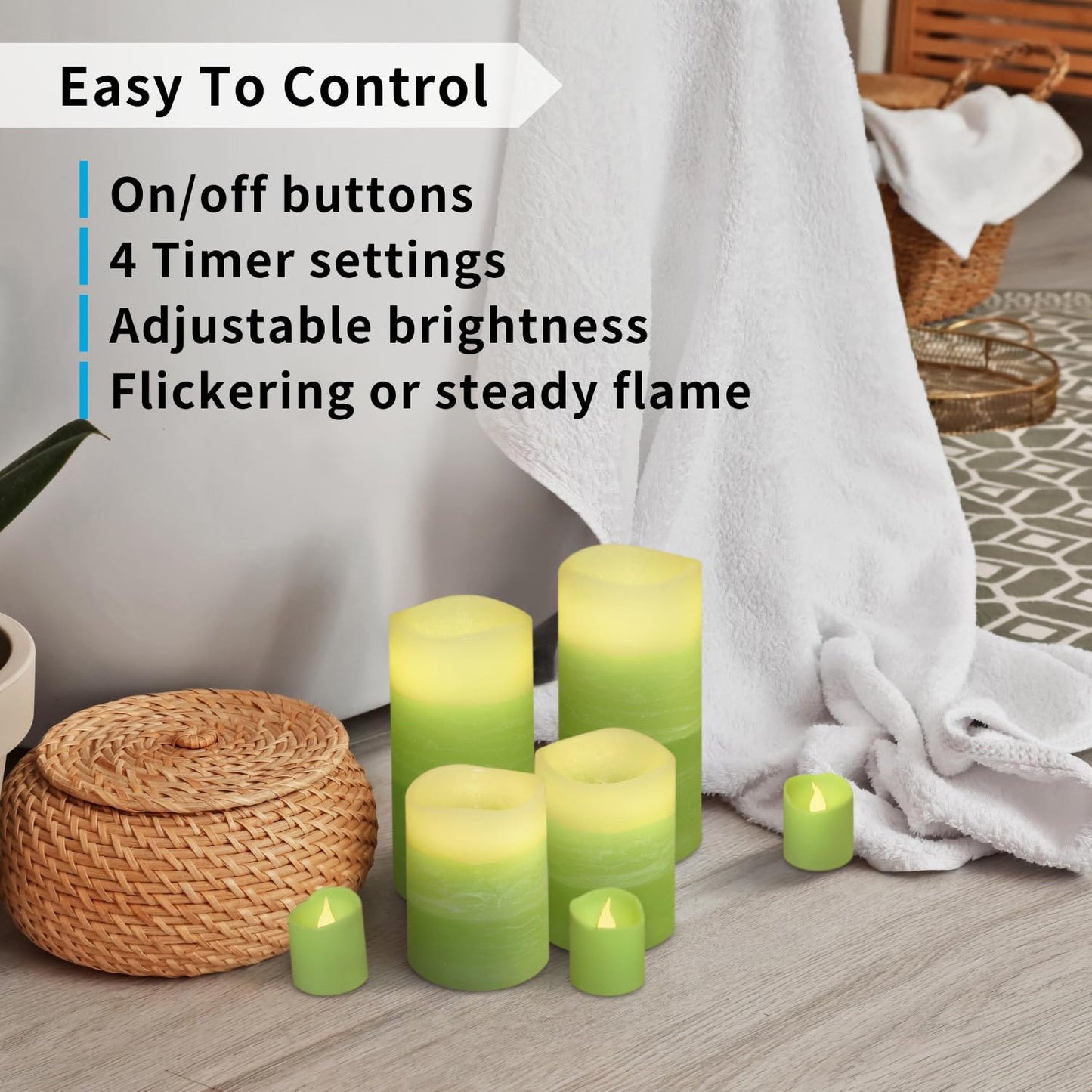 FURORA LIGHTING Green Ombre Flameless Candles - Real Wax, Adjustable Brightness, Remote & Timer - 4 Pillars (3x4, 3x6) and 4 Votives, 8-Pack, Battery Operated