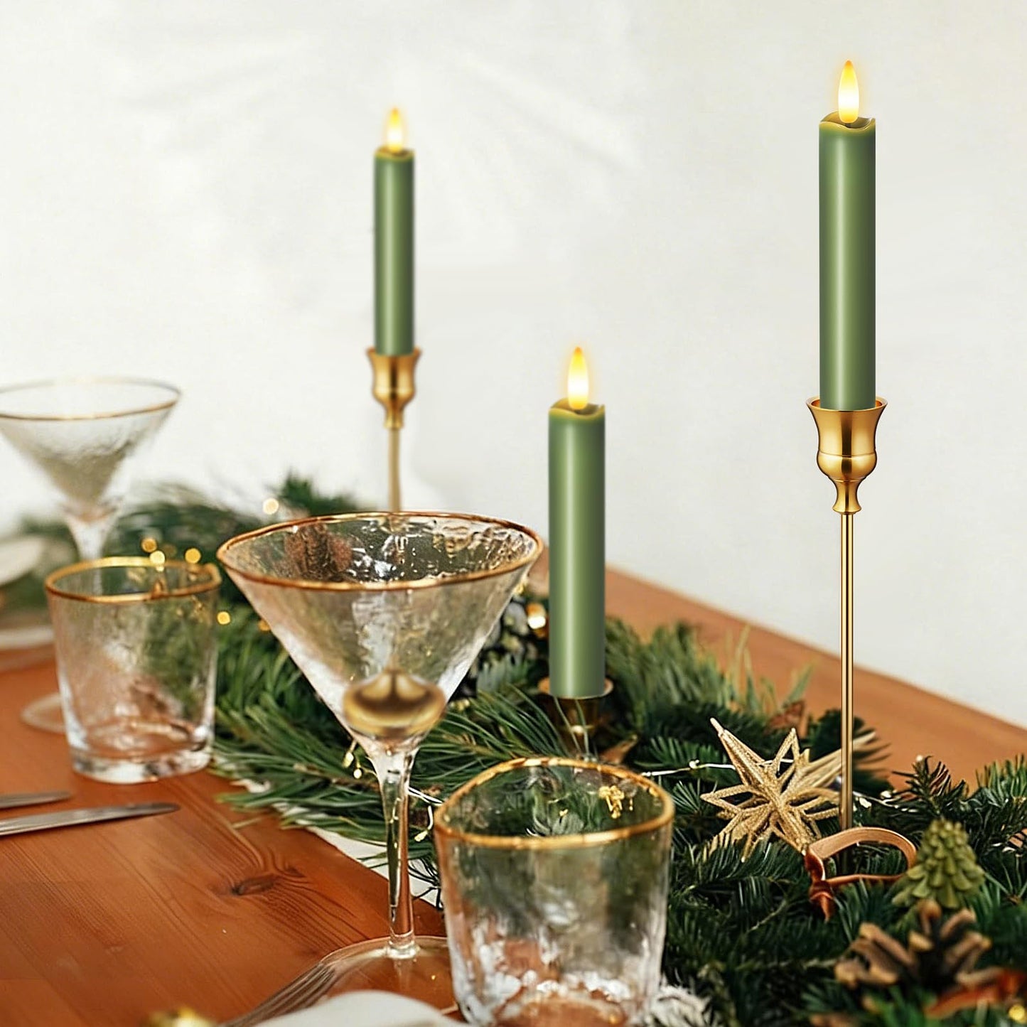 KSWING Upgraded Real Wax Short LED Flameless Green Taper Candles with Remote, 6 PCS Candlesticks Battery Operated - 6" Realistic Fake Candle Sticks for Home/Wedding/Fireplace Xmas Decor