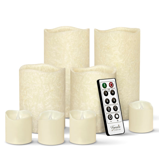 FURORA LIGHTING Ivory Crystallized Flameless Candles - Real Wax, Adjustable Brightness, Remote & Timer - 4 Pillars (3x4, 3x6) and 4 Votives, 8-Pack, Battery Operated
