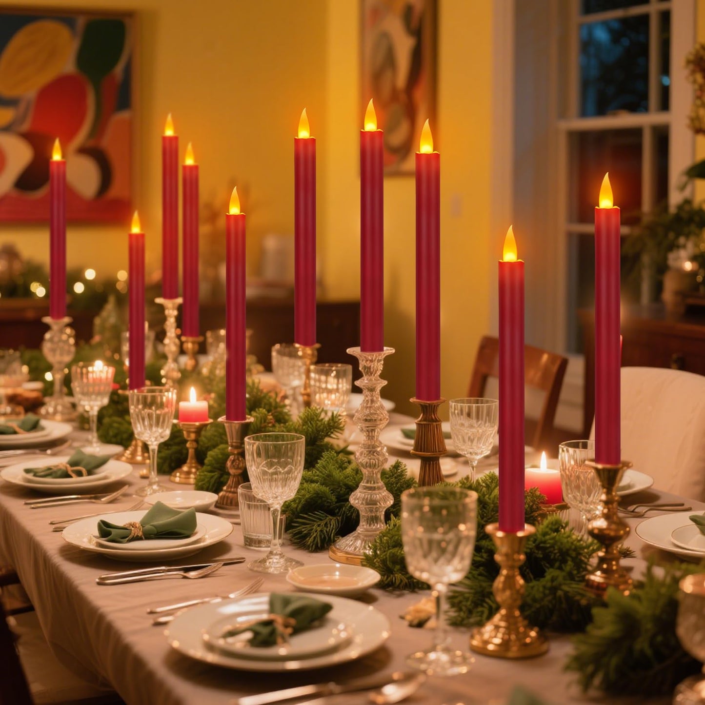 wemarry Flameless Taper Candles 10" Dripless Battery Operated Taper Candles Included Remote Timer 400+ Hours by 2AA Batteries for Halloween Christmas Wedding (Burgundy, 6 Pack)