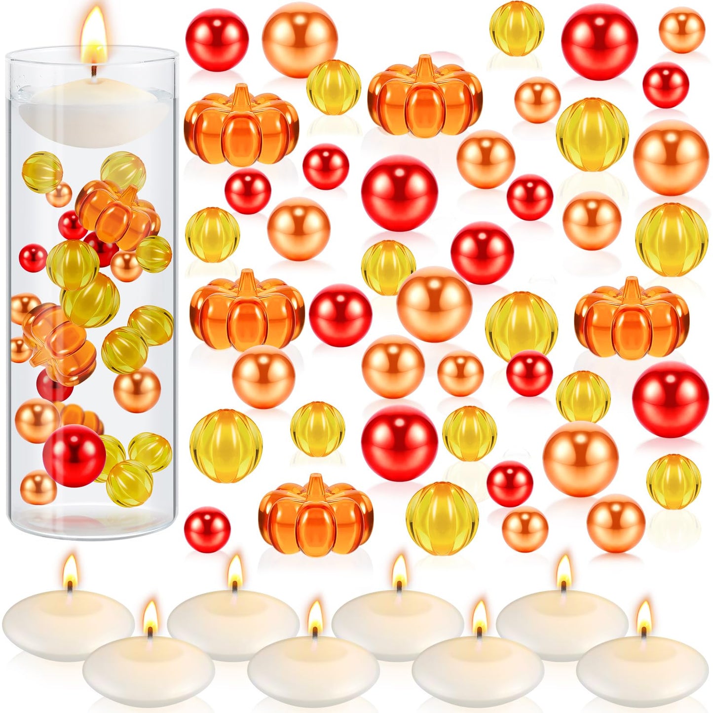 MTLEE 124 Pcs Thanksgiving Vase Filler Faux Pearl for Vase Filler with 8 White Unscented Candles for Fall Thanksgiving Home Table Party Festival Decors, Not Included Clear Beads(Pumpkin)