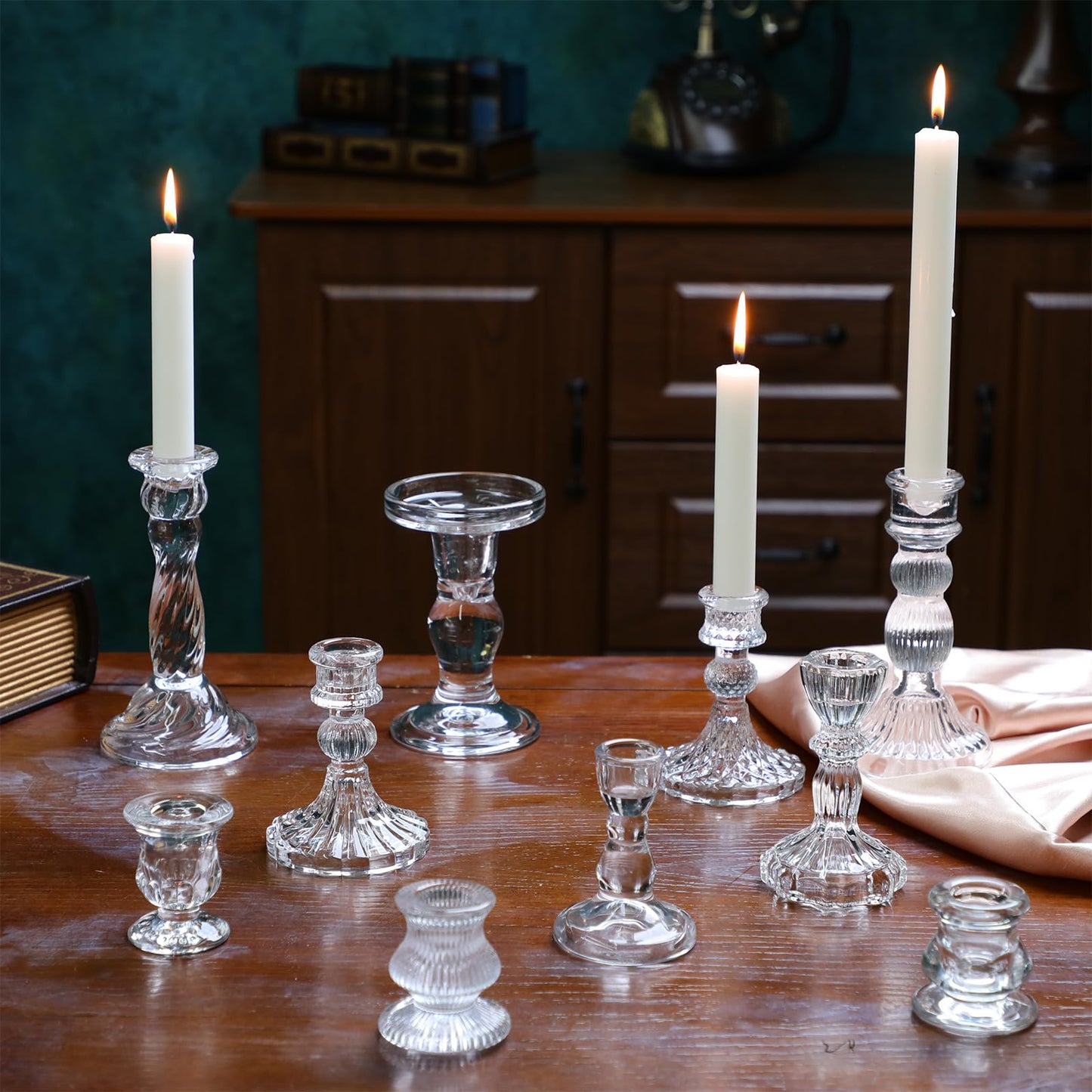 Mumufy 20 Pcs Glass Crystal Taper Candle Holders Clear Glass Candlestick Holder Fit 0.8 Inch Candles Crystal Decorative Candle Stand Centerpiece Table Wedding Dining Party(Clear)